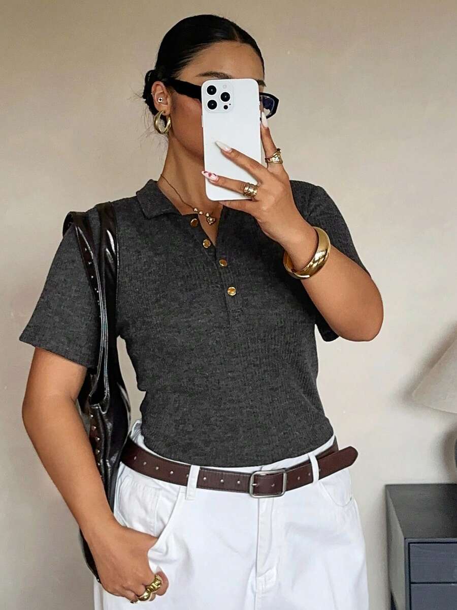 Dazy Plus Solid Color Stretch Slim Fit Sexy Blogger Casual POLO Collar Half-Open Placket Short Sleeve Plus Size Women Spring Summer Dark Grey T-Shirt - Dark Grey - View 1