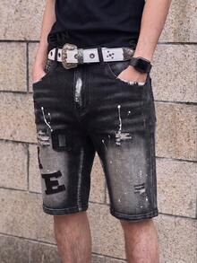 Manfinity EMRG Men's Casual Denim Shorts With Pockets & Letter Patch, Frayed Hem, Holiday - Black - View 5