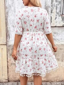 Breezaya Plus Size Pastoral Boho Floral V-Neck Short Sleeve Water-Soluble Flora Lace Patchwork Tassel Dress Vacation Summer Beach Festival Party White - Multicolor - View 2