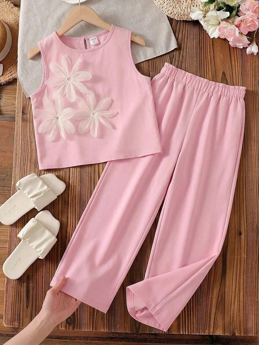 SHEIN Tween Girls Striped Tank Top And Loose Long Pants 2 Pieces Set, Casual Daily Fashion Versatile - Pink - View 1