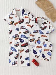 Summer Young BoyPajama Set, Cute Hot-Blooded Cartoon Racing Car Print, Soft Comfortable Flame Retardant Milk Silk Fabric, Lapel Cardigan Short Sleeve & Long Pants 2 Pieces Loungewear - White - View 6