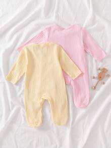 2 piezas Conjunto para recién nacido, Algodón acanalado con lazo 3D, Cierre de botones de presión de manga larga, Tela suave, Primavera/Otoño, Unisex - Multicolor - Ver 2