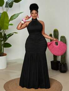 Maweii Rochie de vară din material tricotat elastic, cu guler halter, talie cu fundă, volane și patchwork din plasă, fără mâneci, ținută de petrecere, stil elegant și sofisticat - Negru - Vizualizare 1
