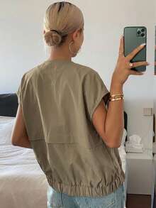 DAZY 女款翻領無袖短版街頭休閒背心薄外套 夏季 - 卡其色 - 查看 5
