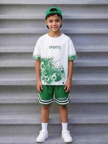 2件套青少年（男童）春夏运动休闲足球泼墨印花短袖T恤和短裤套装 - 綠色 - 查看 5