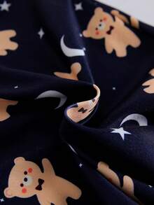 Conjunto de pijama ajustado para niños, camiseta de manga corta y pantalones cortos, estampado lindo de estrella, luna y oso, tela cómoda, adecuado para el uso diario en casa y ropa de dormir para niños - Azul Marino - Ver 5