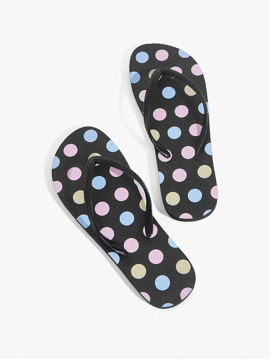 Grefit Ladies Summer Tropical Print Flip-Flops, Fashionable Beach Flip-Flops, Suitable For Summer Vacation And New Year's Vacation Leisure Beach Wind - Black polka dot - View 1