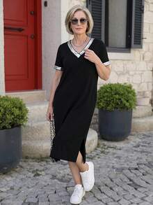 EMERY ROSE Casual Women's Shiny Patchwork V-Neck Short Sleeve Casual Dress  Sequin Dress - Black - View 6