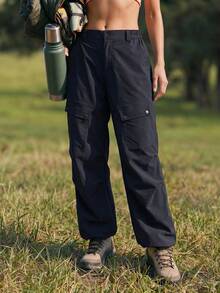 WanderVale Damen Einfarbige Hose mit Knopfleiste vorne, Taschen, Buchstabenprint, einfach, lässig, Outdoor, Sport - Schwarz - Übersicht 2
