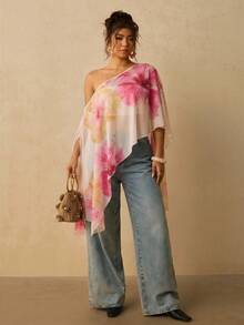 Travachic Plus Size Asymmetrical Collar Batwing Sleeve Tie-Dye Botanical Print Shirt - Multicolor - View 7
