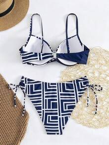 Swim Lushoire 女款夏季海灘幾何印花細肩帶比基尼三角泳褲兩件式泳衣套裝 - 彩色 - 查看 2