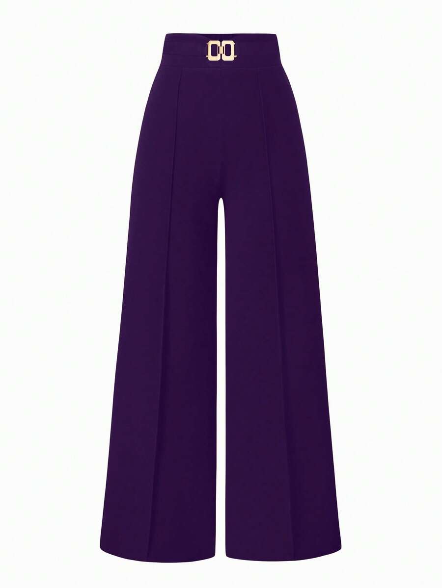 SHEIN Unity 女款素色休閒百搭日常寬腿長褲 - Bold Plum - 查看 1