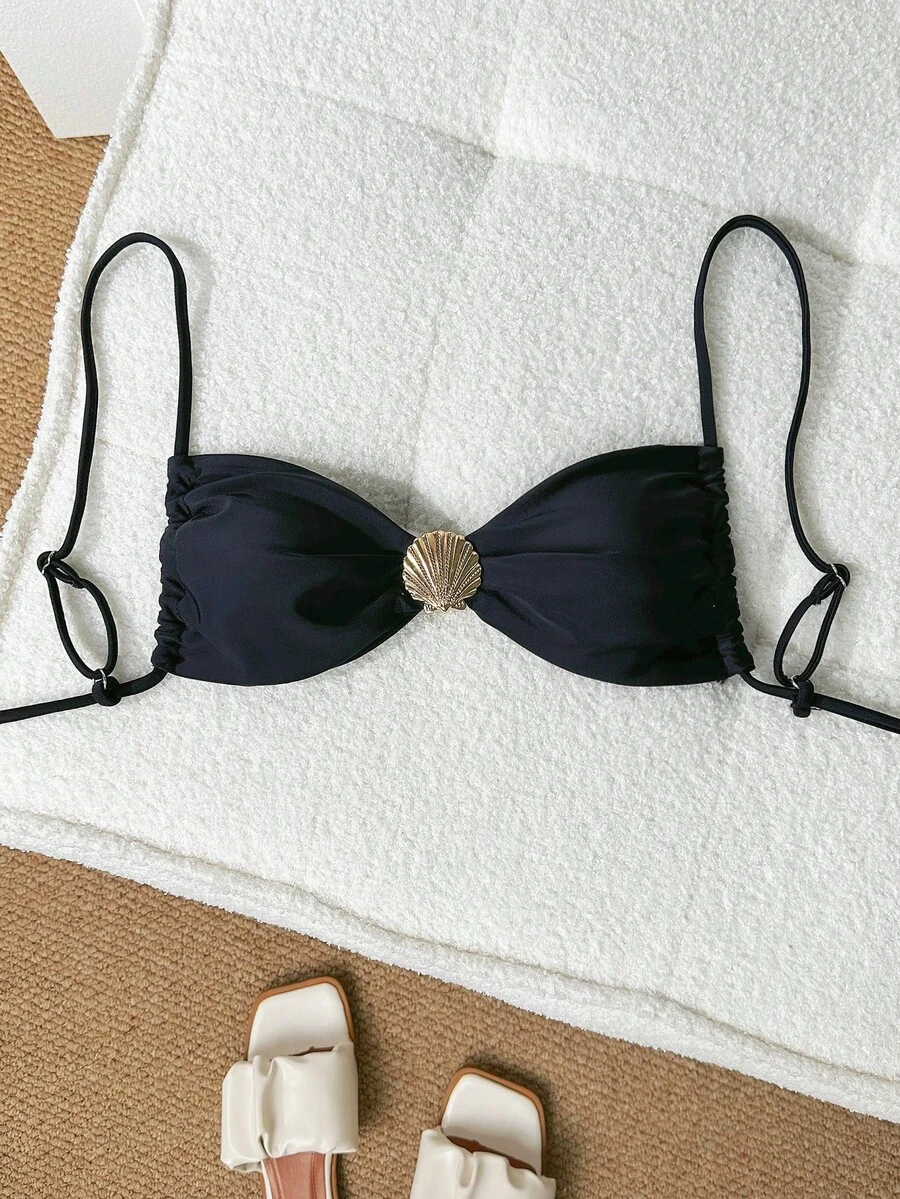 Swim Chiccia Women Solid Color Spaghetti Strap Wireless Beach Wear Swimwear Top For Summer Beach Vacation - Black - View 1