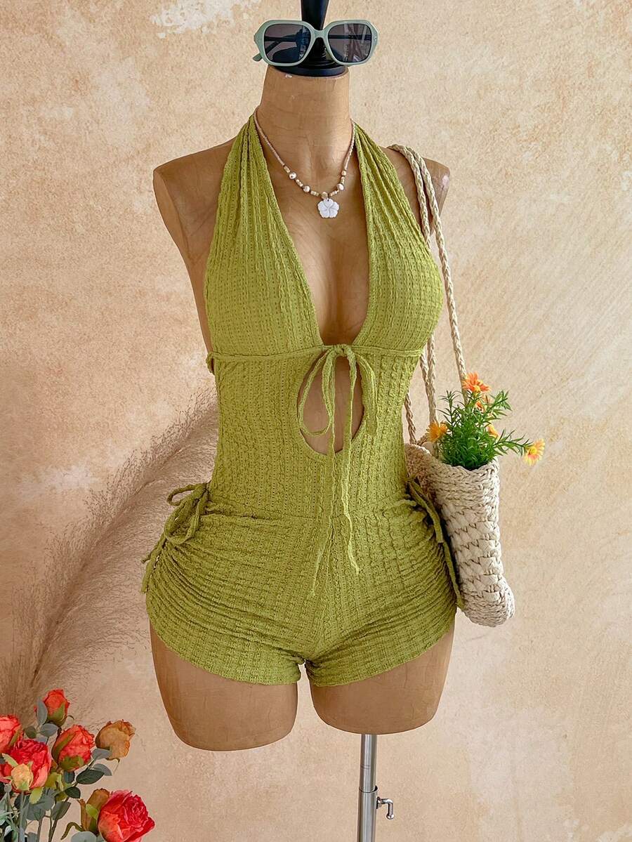 Soleia Bộ jumpsuit dệt kim họa tiết đục lỗ dây rút mới phong cách Bohemian, Boho, hoa lãng mạn, đi chơi, tiệc hoa, hẹn hò, Valentine, Phục sinh, lễ hội, trà chiều, đi biển, du thuyền, du lịch thành phố, dạo phố - màu xanh lá - Xem 1