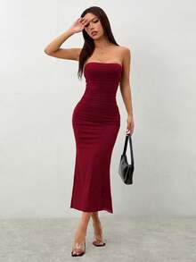 SHEIN PETITE Stil Farbverlauf Mesh Trägerloses Bodycon Kleid, Petite Frauen - Bordeaux - Übersicht 4