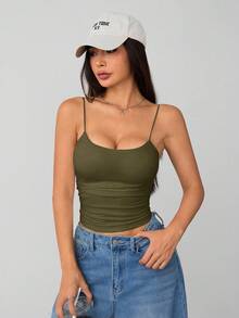 SHEIN PETITE 女款白色緊身圓領透氣基礎背心上衣，免內衣背心，適合嬌小女性 - 軍綠色 - 查看 6