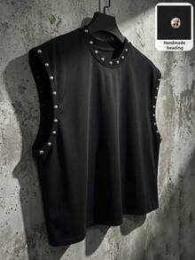 Manfinity Roghcode 男士休闲宽松街头风手工铆钉装饰背心 - 黑色 - 查看 2