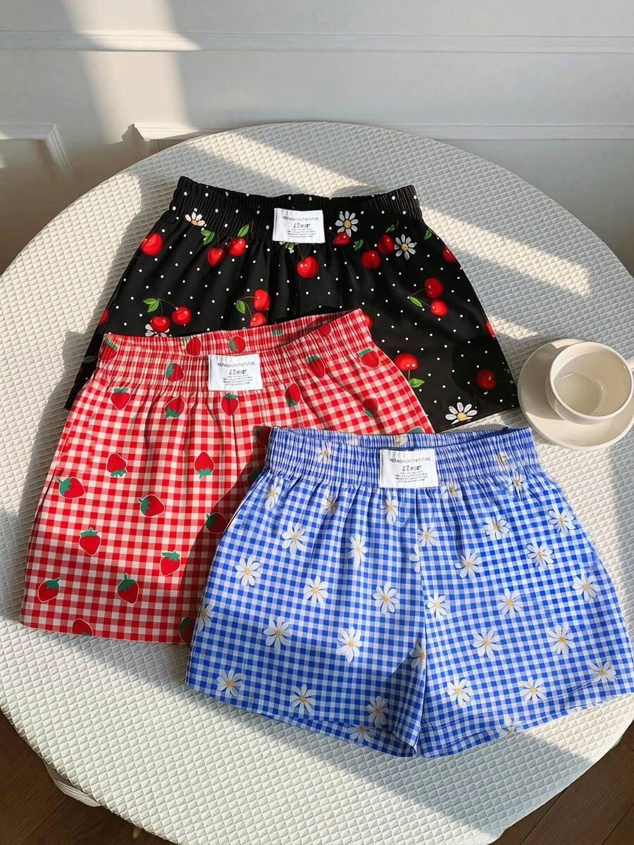 SHEIN EZwear 3件套女士休闲舒适多巴胺雏菊蓝格子短裤、多巴胺草莓红格子短裤、黑色波点樱桃短裤,梭织面料,适合日常穿着、通勤、约会、派对、秋冬夏三季、圣诞节、新年、感恩节、婚礼、海滩、毕业典礼、时尚、优雅、休闲、外出、约会、预订、通勤、闪亮、情人节、优雅、度假、休闲、Y2K、外出、毕业典礼 - 彩色 - 查看 1