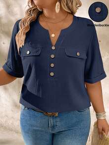 EMERY ROSE Casual Daily Notch Neck Wood Button Decor Short Sleeve Plus Size Shirt - Navy Blue - View 1