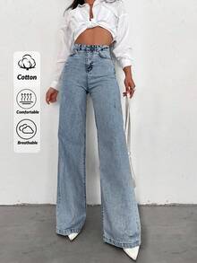 SHEIN بنطلون جينز مقاس كبير بخصر عالي أسلوب كاجوال أزرق فاتح غسيل الثلج قصة عادية أزرار أمامية أرجل واسعة - أزرق فاتح - مشاهدة 1