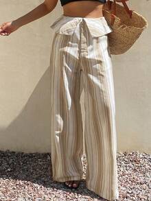 DAZY Women's Folded Waist White Loose Wide Leg Long Pants Beach Autumn Boho Casual Vacation - Khaki - View 1