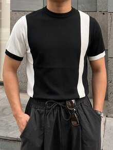 DAZY Camiseta de punto de manga corta con bloques de color y patchwork para hombre, verano - Negro - Ver 3