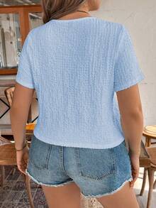 SHEIN LUNE Plus Size Women's Vacation Button V-Neck Short Sleeve French Shirt - Baby Blue - View 2