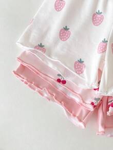 SHEIN Playful Pals 6 Peças Conjunto Casual Diário para Bebê Menina com Top de Manga Curta Gola Redonda Listrado em Damasco Branco e Rosa com Cintura Elástica, Versátil para Passeios ou Conforto em Casa, Primavera/Verão - Rosa chiclete - Visão 7