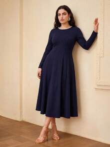 ZEYLAH Elegant Round Neck Pearl Decor Long Sleeve Fit & Flare Dress, Spring/Summer Fall - Navy Blue - View 3