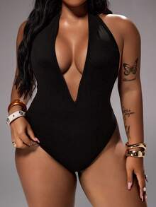 Rustia Black Knit High Elasticity Deep V Neck Halter Backless Fitted Bodysuit Women's Summer Minimalist Casual Versatile Date Night - Black - View 1