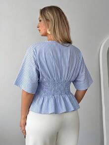 Auralis Light Blue Striped Textured Crepe Drop Shoulder Plus Size Women's Shirt/Back Elastic Waist Ruffle Hem Top/Casual Daily Wear Summer - Blue - View 2