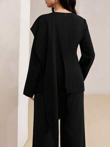 Veilorie Plus Size 2 Pieces Set Elegant Solid Color Metal Decor Shawl Ribbon Design Top And Long Pants Fall - Black - View 2