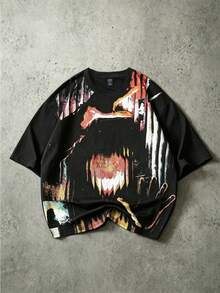 ROMWE MEN Grunge Punk Men's Portrait Print Short Sleeve T-Shirt, Suitable For Spring And Summer - Black - View 7