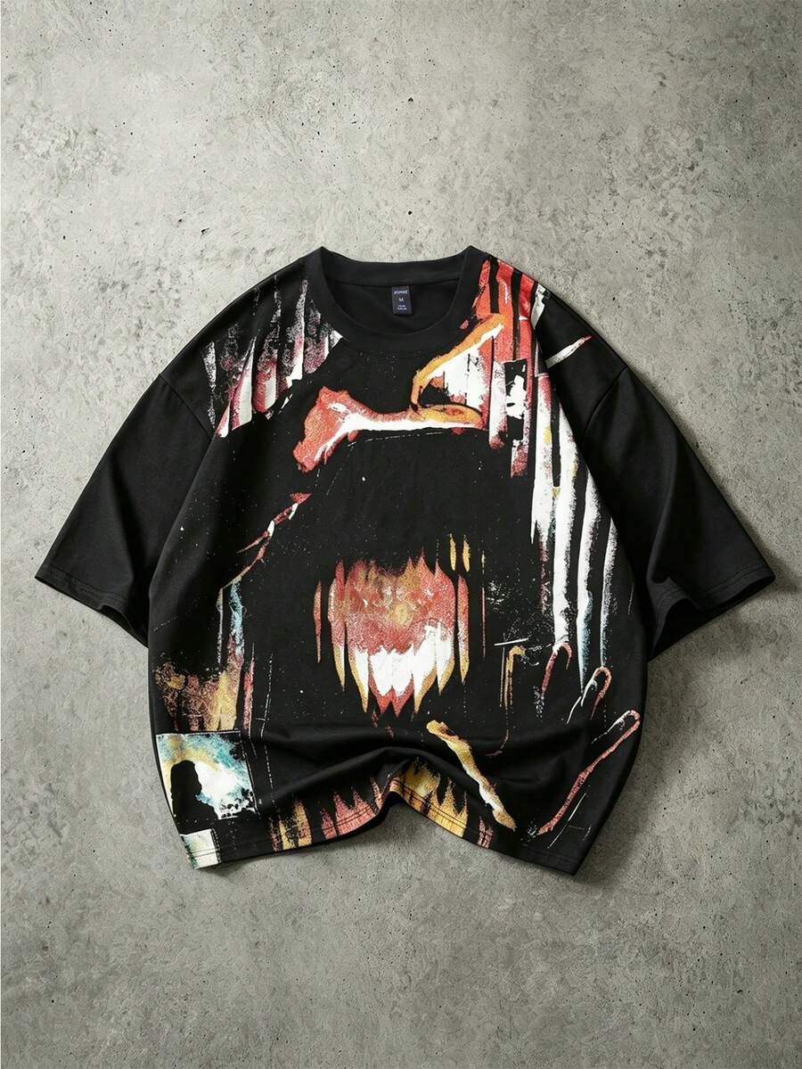 ROMWE MEN Grunge Punk Men's Portrait Print Short Sleeve T-Shirt, Suitable For Spring And Summer - Black - View 1