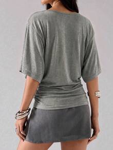 LYSMO Women's Elegant Khaki Draped Neck Ruffle T-Shirt, Summer Top - Khaki - View 2