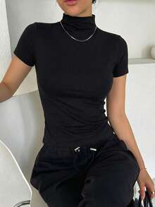 DAZY Kaos Dalam Wanita Lengan Pendek Slim Fit Leher Tinggi - Hitam - View 2