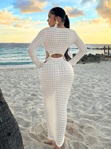 SHEIN SXY 海灘女性性感連衣裙沙灘服海灘女裝海灘度假女裝透視杏色長款沙灘裙 - 杏色 - 查看 3