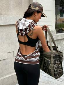 Dewbera Dewbera 女款夏季戶外健身運動條紋印花前口袋無袖連帽背部鏤空設計性感瑜伽運動衫 - 彩色 - 查看 4