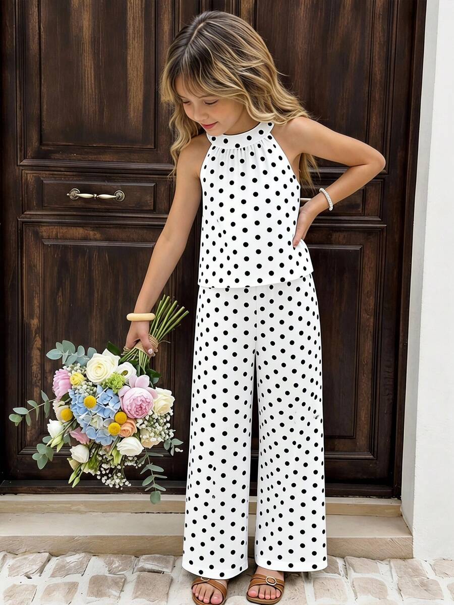 Sparklyn Setelan 2 Potong untuk Liburan Pantai Anak Perempuan Remaja: Atasan Halter Dasar + Celana Panjang Longgar 3/4 Motif Bunga - Putih - View 1