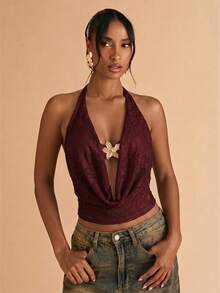 SHEIN BAE Top halter sexy de verano para mujer con cuello de volantes de encaje y espalda descubierta - Granate - Ver 1