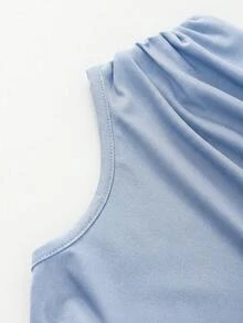 SHEIN 青少年女孩藍色不對稱肩修身長裙，彈性垂墜面料，不對稱肩抓皺設計，金色海星裝飾，柔軟面料上衣，適合多季節穿著，修身百褶，優雅不緊繃，易搭配易打理，打造溫柔優雅女孩造型，兒童款 - 藍色 - 查看 6