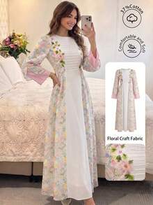 SHEIN Najma Đầm xòe bằng chiffon phối họa tiết hoa trang nhã, màu trơn, viền ren ở eo, khóa kéo, tay lỡ 3/4, chất liệu vải patchwork, dành cho nữ. - Nhiều màu - Xem 1