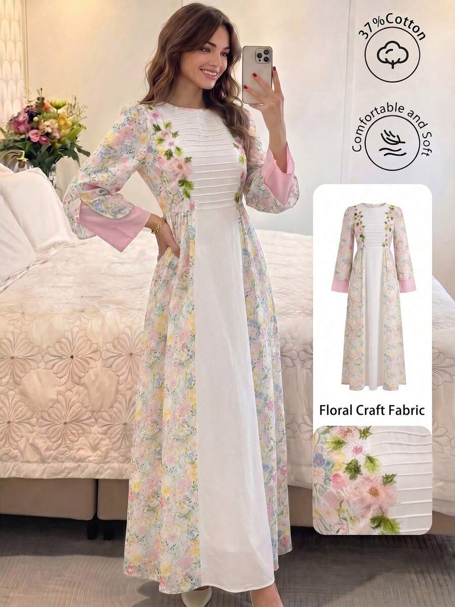 SHEIN Najma Đầm xòe bằng chiffon phối họa tiết hoa trang nhã, màu trơn, viền ren ở eo, khóa kéo, tay lỡ 3/4, chất liệu vải patchwork, dành cho nữ. - Nhiều màu - Xem 1