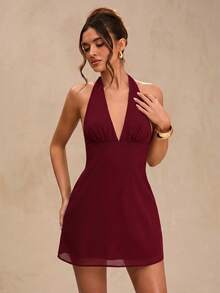 SHEIN BAE 春夏純黑色深垂領掛脖性感垂領露背女款雪紡迷你洋裝 - 酒紅色 - 查看 4
