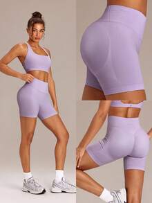 GLOWMODE 5" Ultrafine Soft Seamless Summer Sculpt High Waist Double Layer Coverage Sculpting Fit Mid-Thigh Biker Shorts With Butt Lift Compression Medium Impact Training Gym Studio Daily Wear - Purple - View 10