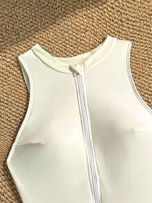 Swim SPRTY Nuevo traje de baño de una pieza sin mangas con cremallera de unicolor, estilo deportivo - Beis - Ver 5