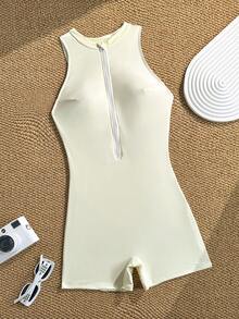 Swim SPRTY Nuevo traje de baño de una pieza sin mangas con cremallera de unicolor, estilo deportivo - Beis - Ver 3