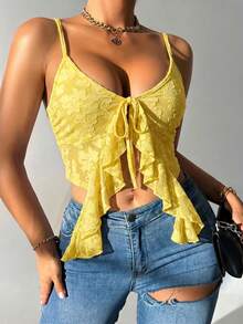 Femesol Women's Asymmetric Ruffle Mesh Patchwork Cutout Front Tie Camisole - Yellow - View 4