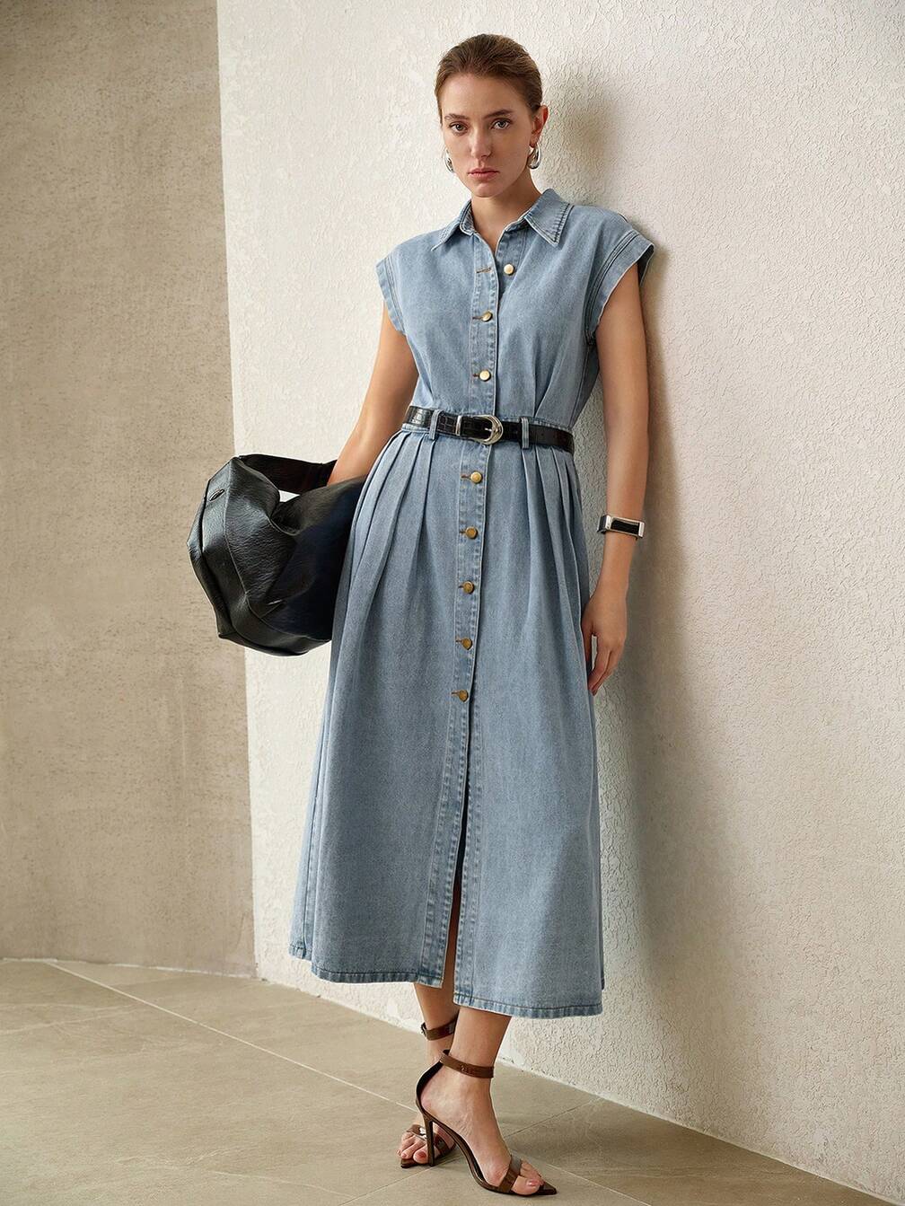 casual dress with belt Easura Plus Size Long Sleeve Belt Buckle Decor Waist A-Line Simple Commuter  Casual Midi Dress Fall