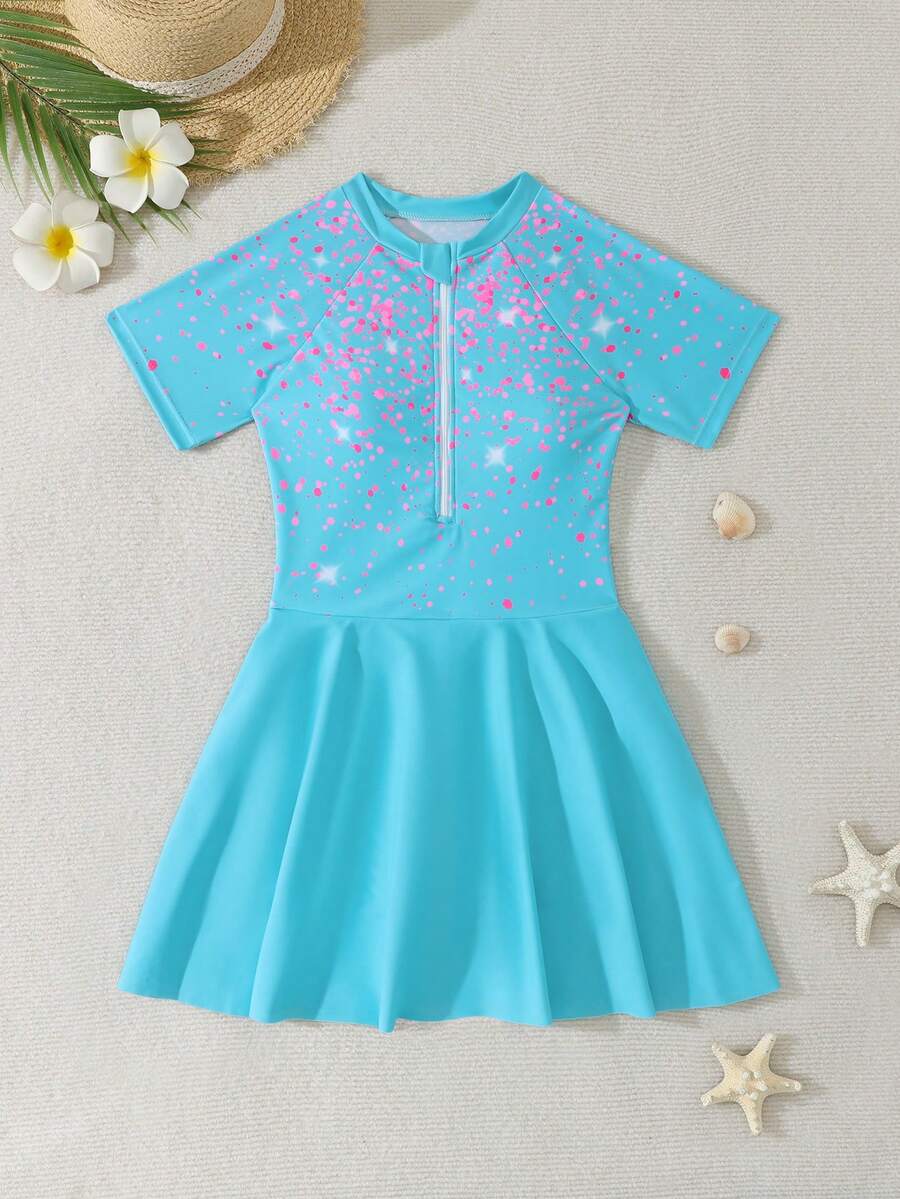 Tween Girl One-Piece Minimalist Swimsuit Suitable For Summer - Mint Blue - View 1